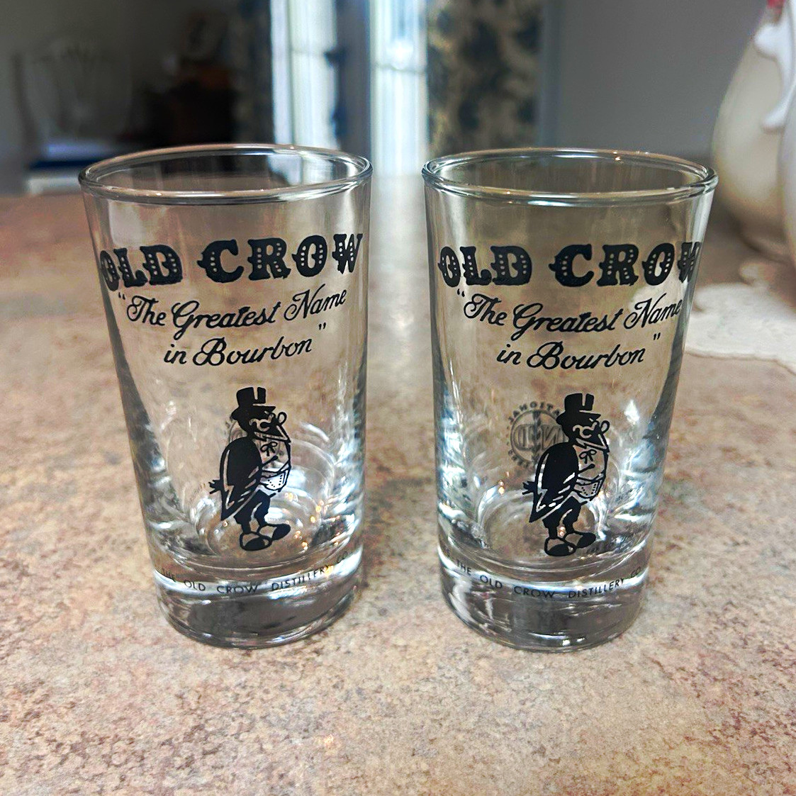 Antique Old Crow Bourbon Glasses Set of 2 - 6 oz Clear/Black Distillery