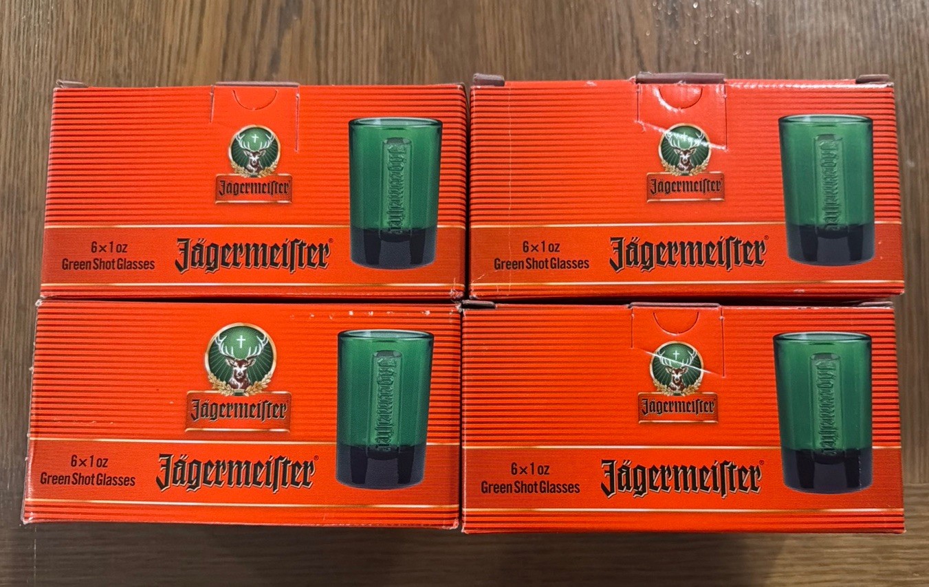 4 Box SET OF 6 Jagermeister green glass shot glasses embossed logo 24 Total New