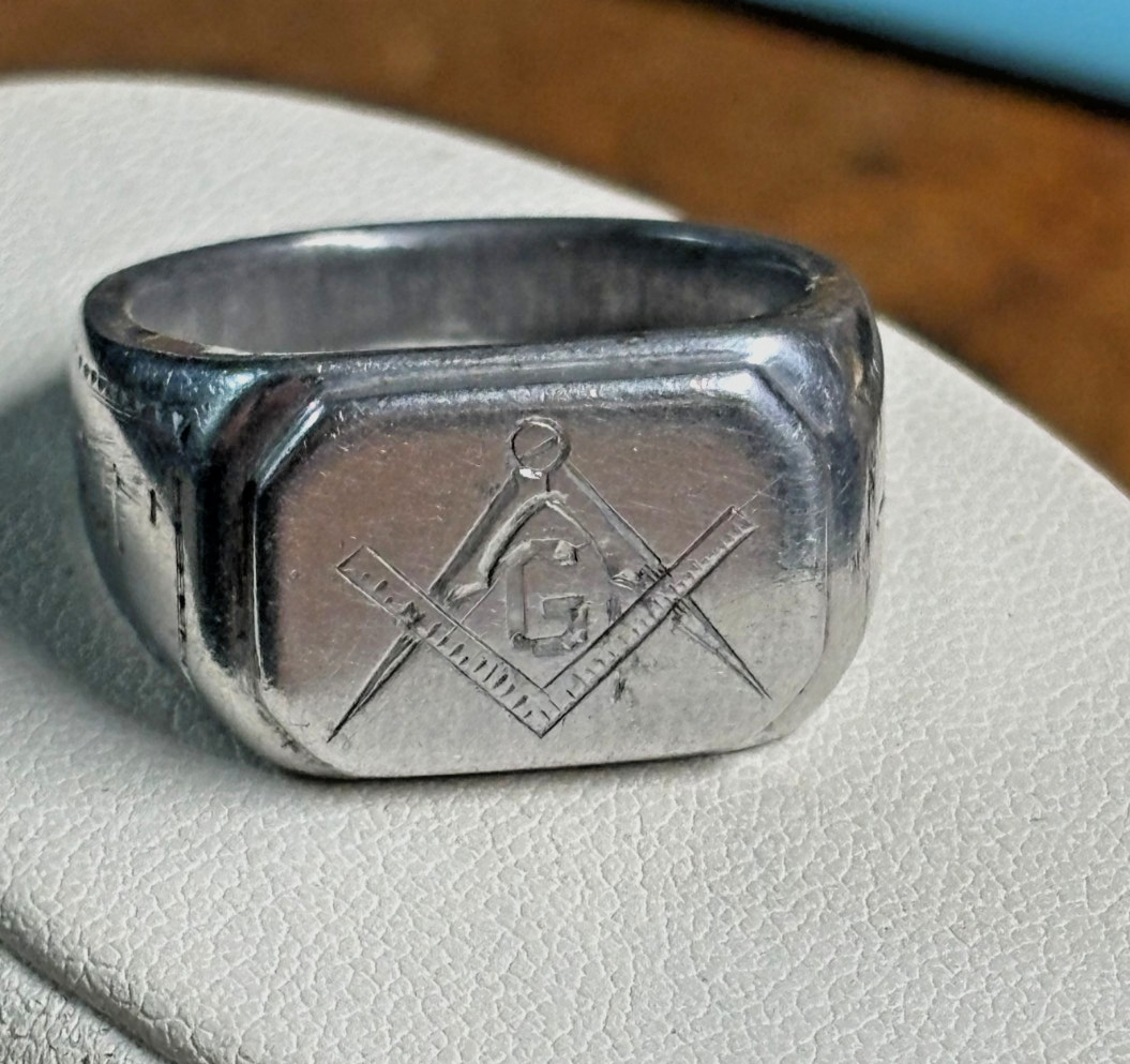 sz 9.5 WWII 1945 Trench Art ALUMINUM MASONIC Freemason Master Mason RING \