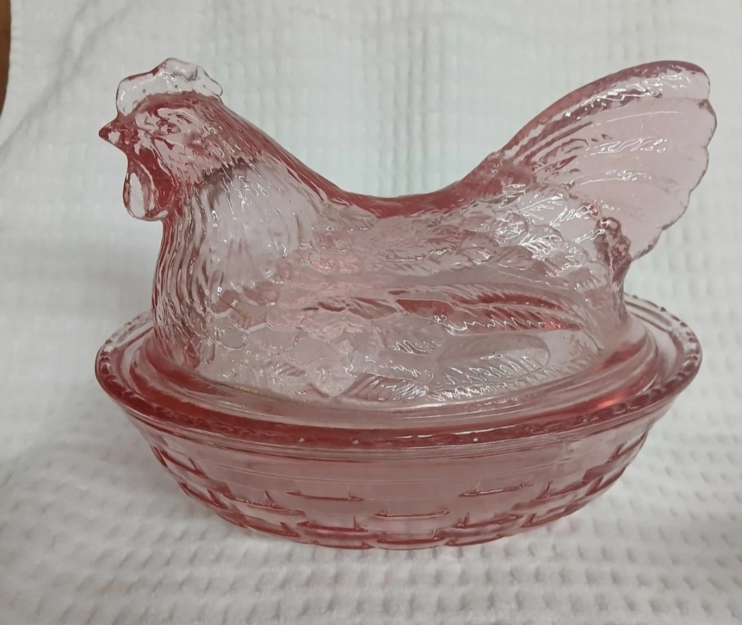 Longaberger Pink Glass Hen on Nest L.E. Smith Company Cottagecore Candy Dish