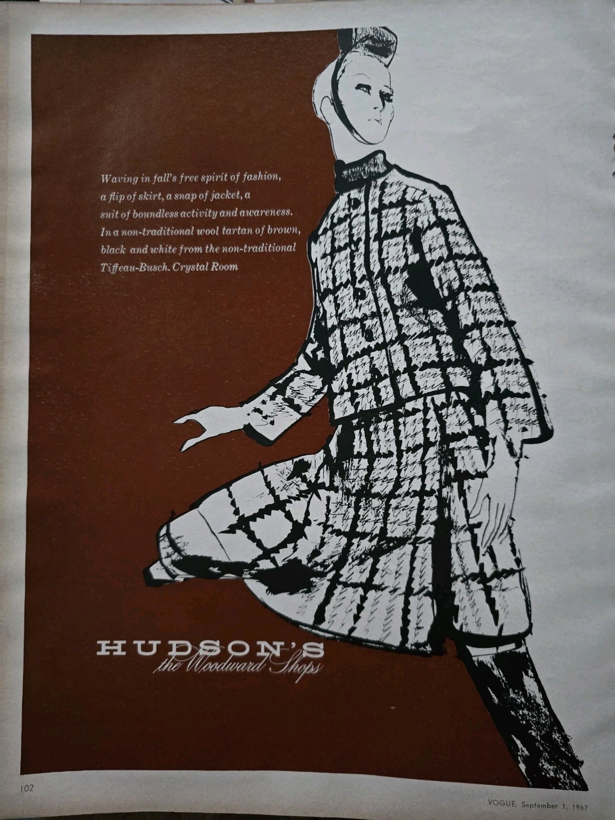 1967 Womens Wool Tartan Plaid Suit Hudson\'s Woodward Shops Fashion Art ad
