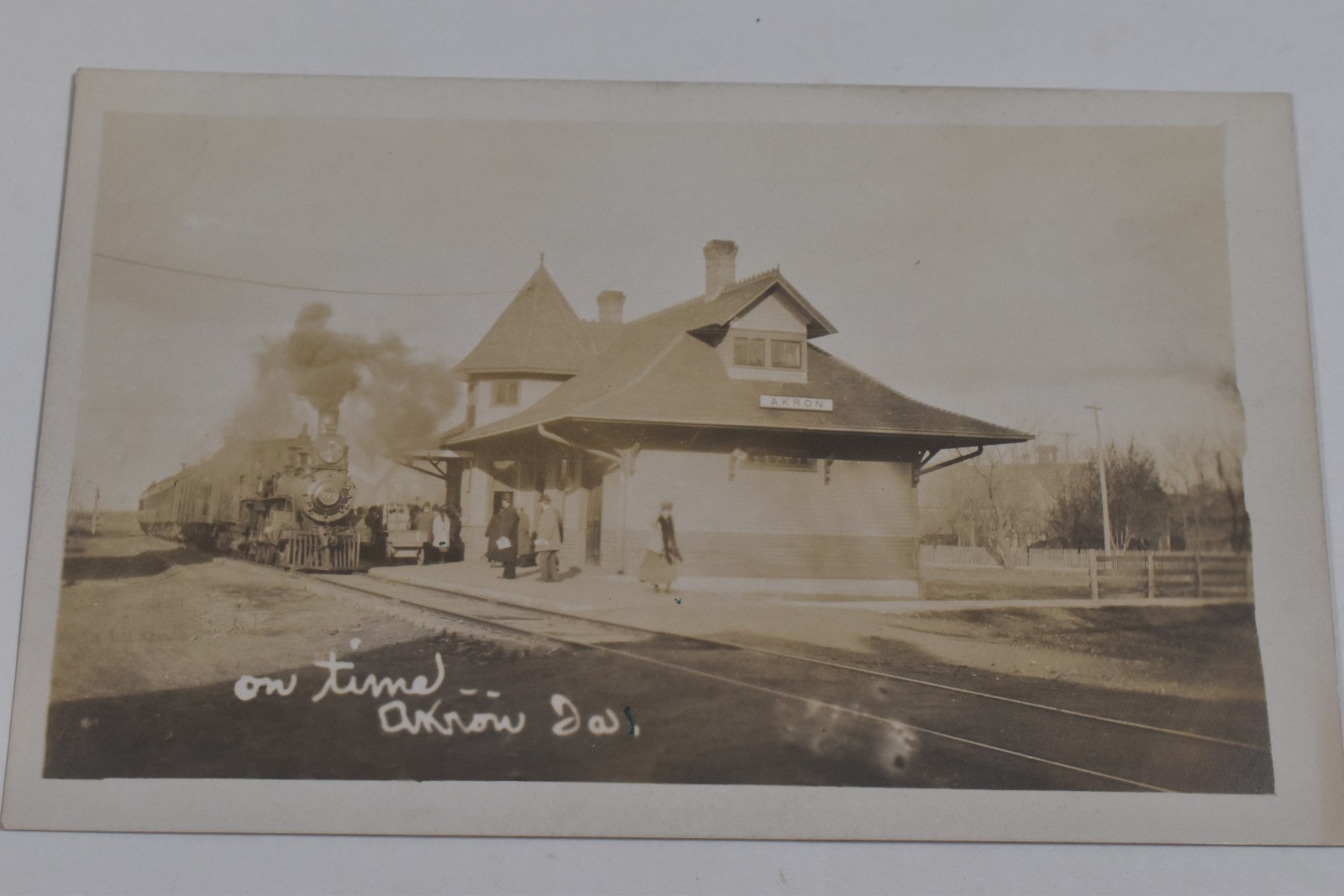 Vintage Akron IA Iowa Train Railroad Depot RPPC Real Photo Postcard