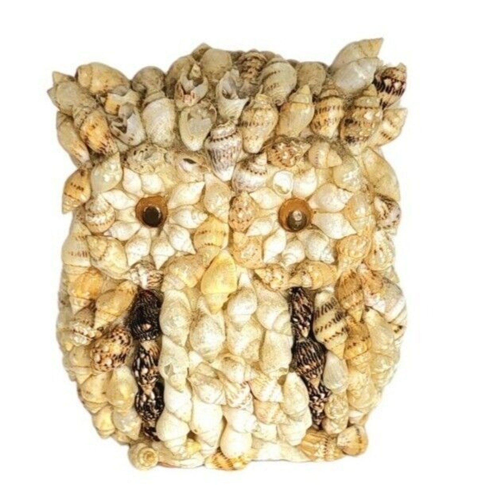Vintage 70s Natural Conch Seashell Owl Eyes Folk Art Small Figurine Decor