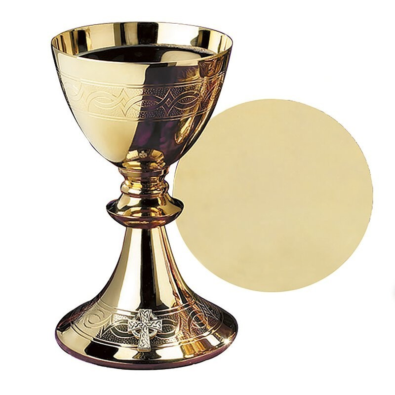 Etched Celtic Cross Chalice With Paten Brass Gold Plate Religious Collection