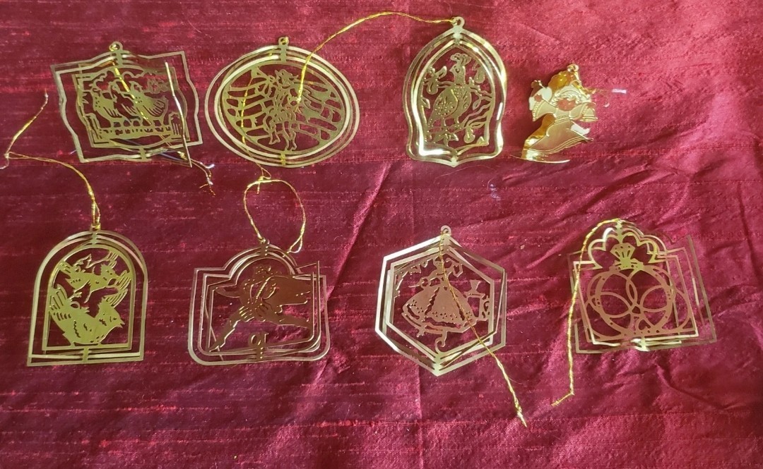 Vintage Lof of 8 Metal Filligree Gold Tone 3D Style Christmas Ornaments