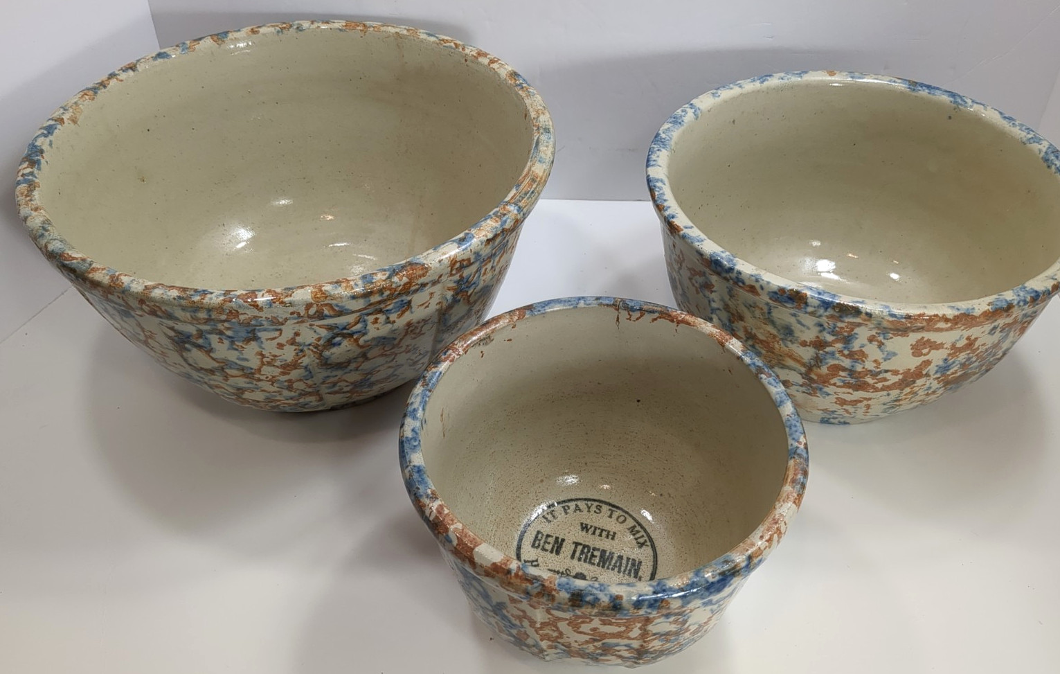 3 RED WING Stoneware Spongeware Panel Bowls W/ Advertisement Ben Tremain, Wis.