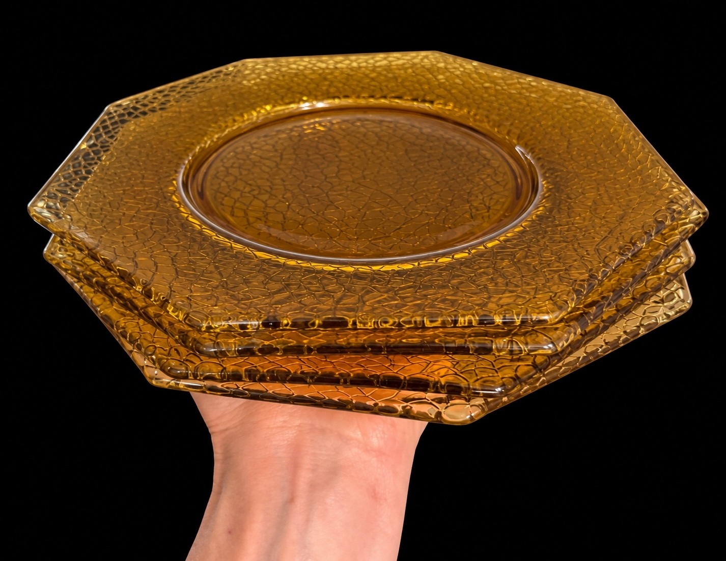 Vintage Amber Crackle Glass Octagonal Salad Plates Set of 3