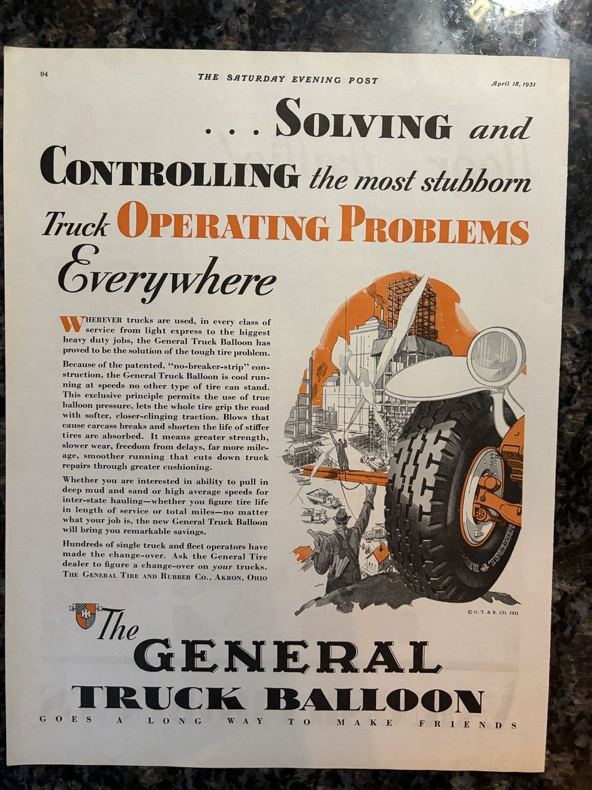 GENERAL TRUCK BALLOON TIRE G.T. AND R. CO. AKRON OHIO VINTAGE PRINT AD 1931