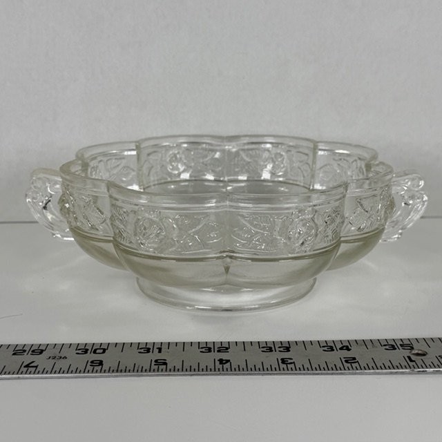 Clear Glass Handled Bowl Rose Floral Pattern Scalloped Dish Clear Glass Handled Bowl Rose Floral Pattern Scalloped Dish
