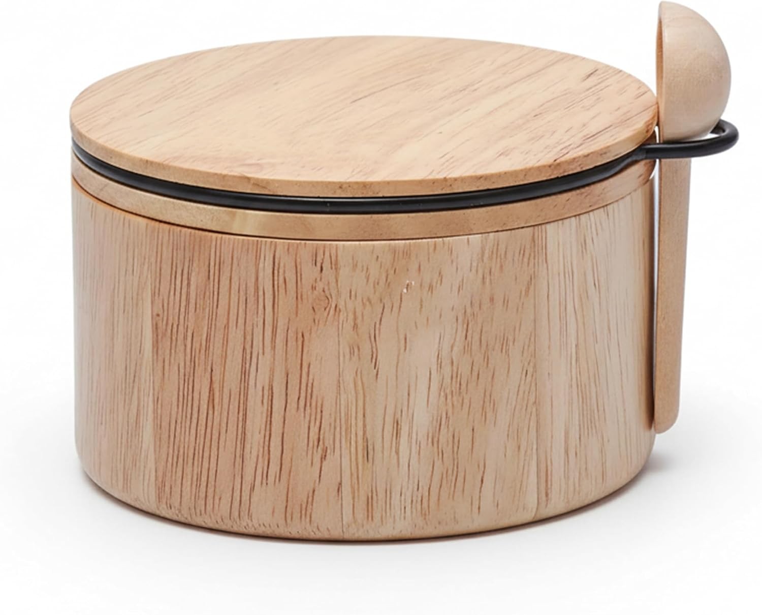 Wooden Salt Cellar with Lid & Spoon, - 6 Oz Rubberwood Flaky Salt Container