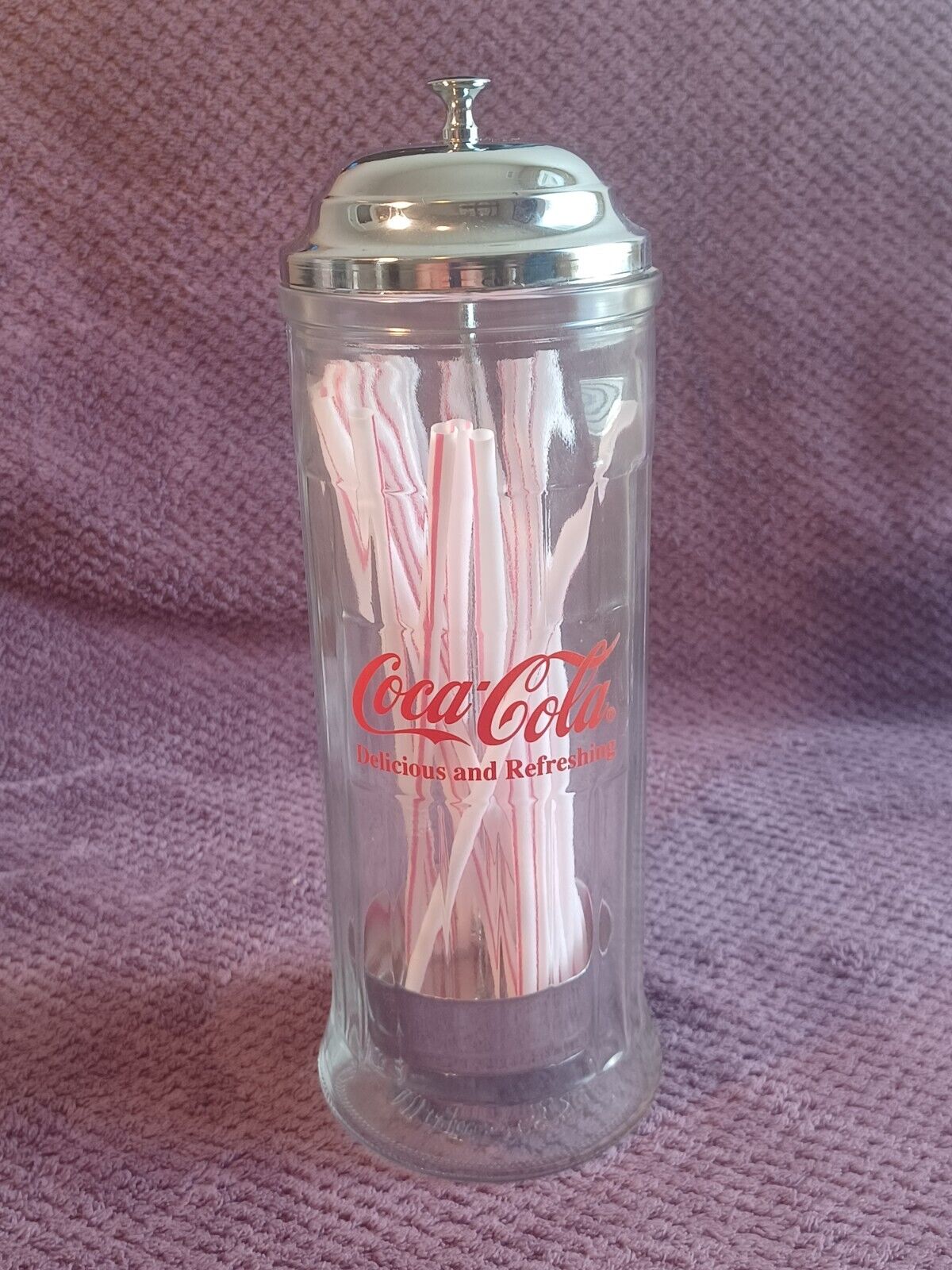 Coca-Cola Vintage Diner-Style Glass & Chrome Straw Dispenser/Holder 1992 Coke