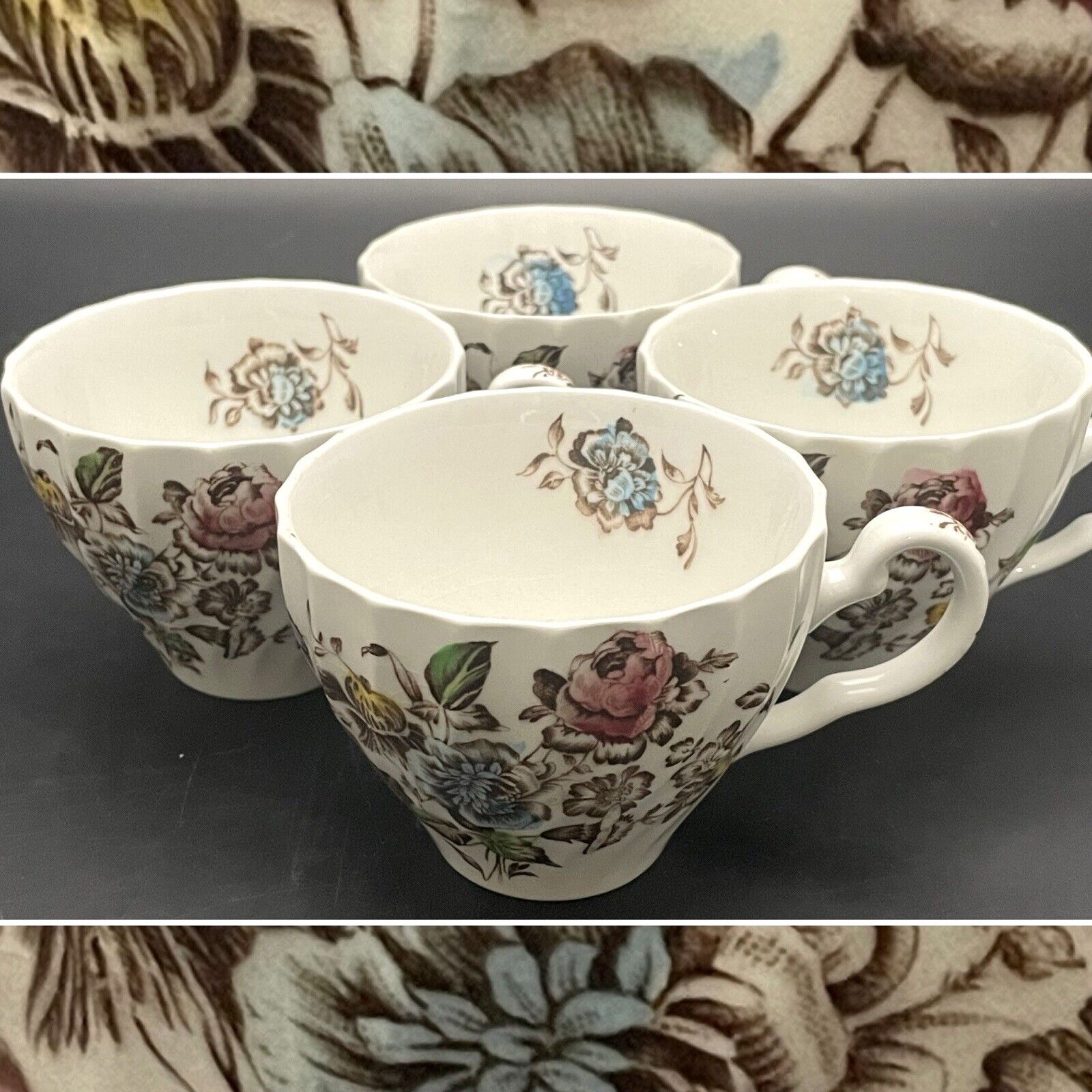 Johnson Brothers Staffordshire Bouquet Teacups 4pc 1973-79 Made in England 6oz