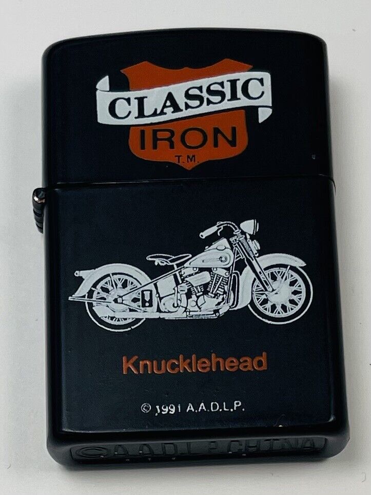 VTG 1991 ADAMS APPLE Black/Orange Classic Iron Knucklehead Motorcycle LIGHTER
