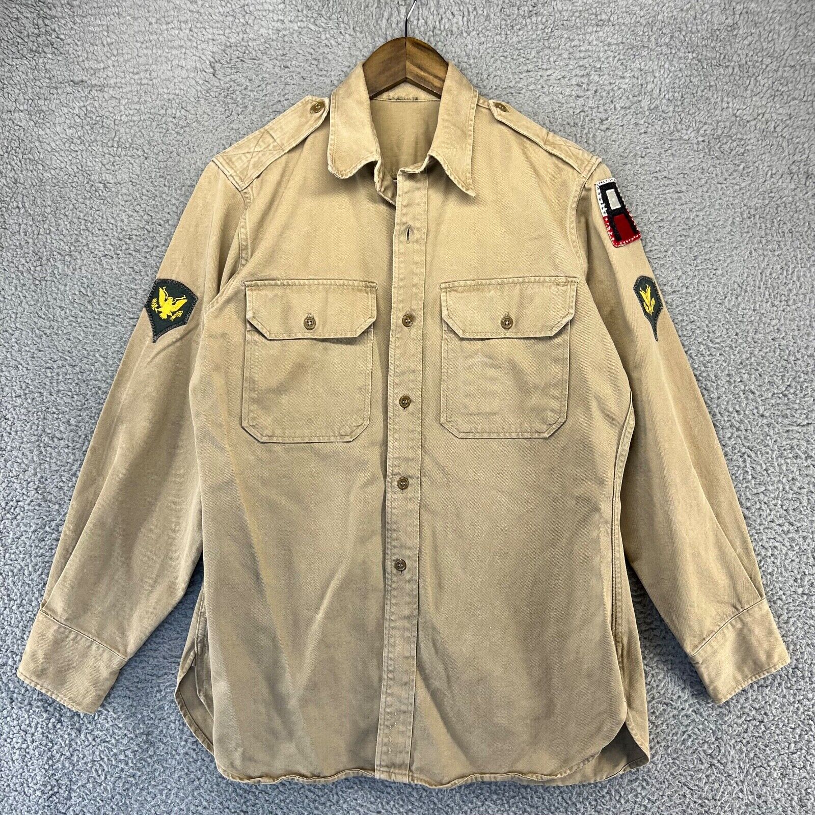 Vintage WWII Shirt Men's 15 Tan Brown Canvas button Long Sleeve WW2 Patches 40s