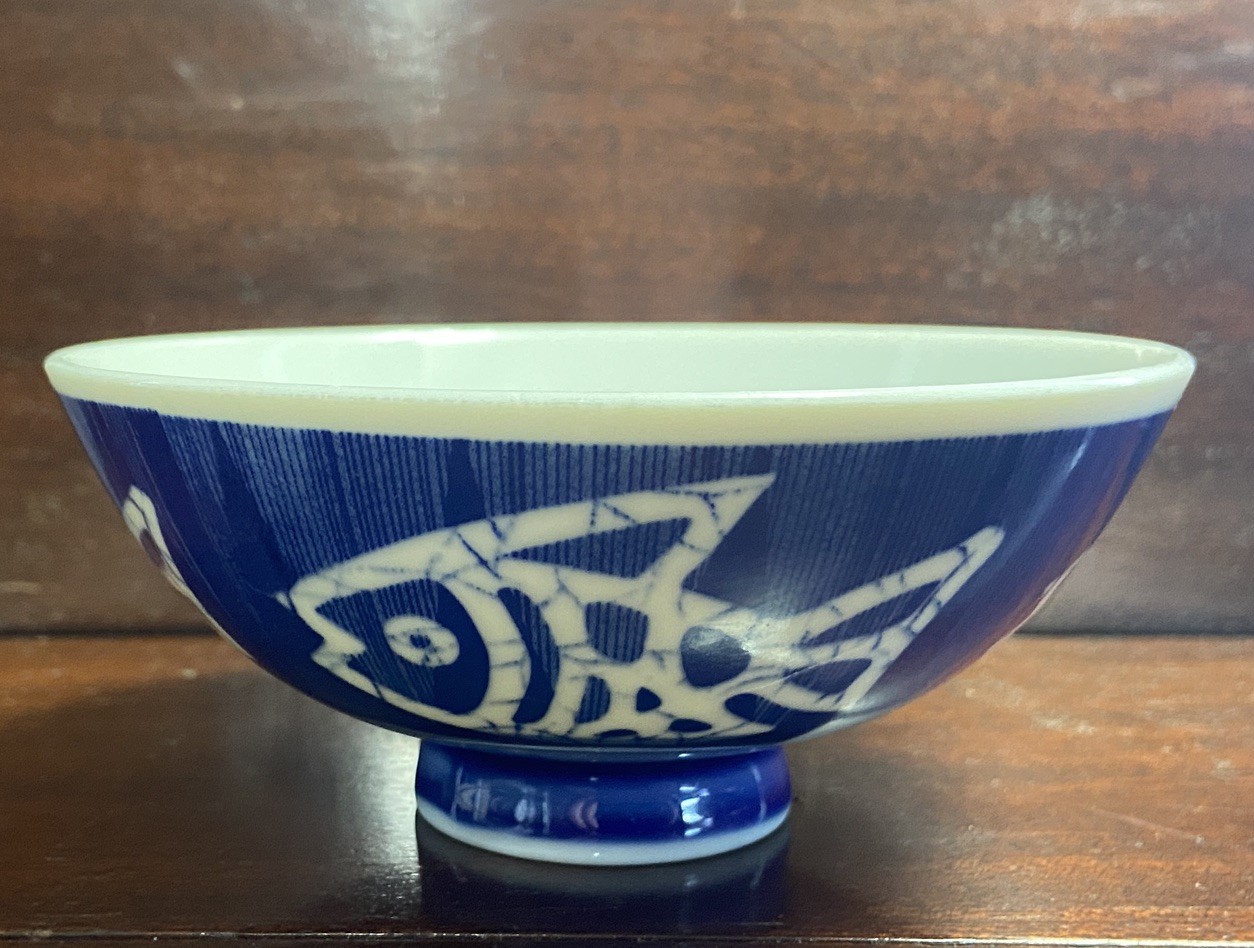 Vintage Made in Japan Blue White Porcelain Footed Rice or Soup Bowl 1950s-80s