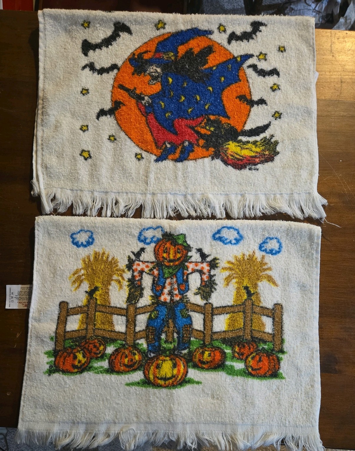 2 Vintage Halloween Dish Towels Scarecrow & Witch Cannon 100% cotton 16\