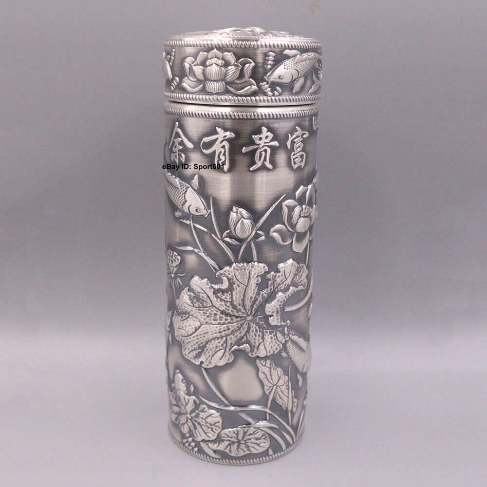 Pure 999 Fine Silver Cup Drinking Water Cup Vacuum Cup Lotus Leaf Fish Pattern