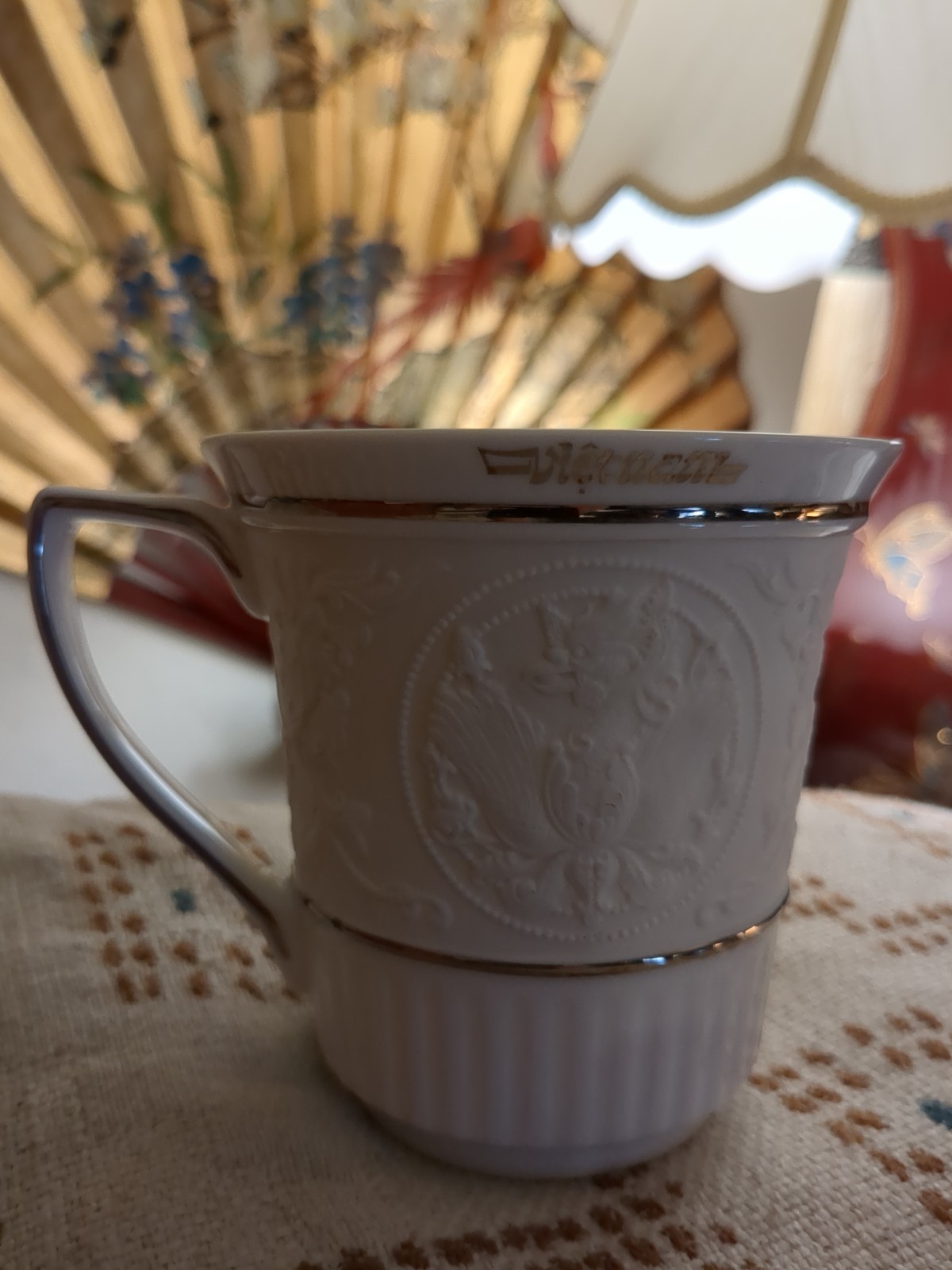 Vintage Minh Long Fine Porcelain Vietnam Bas Relief Mug Silver Trim 12 Oz