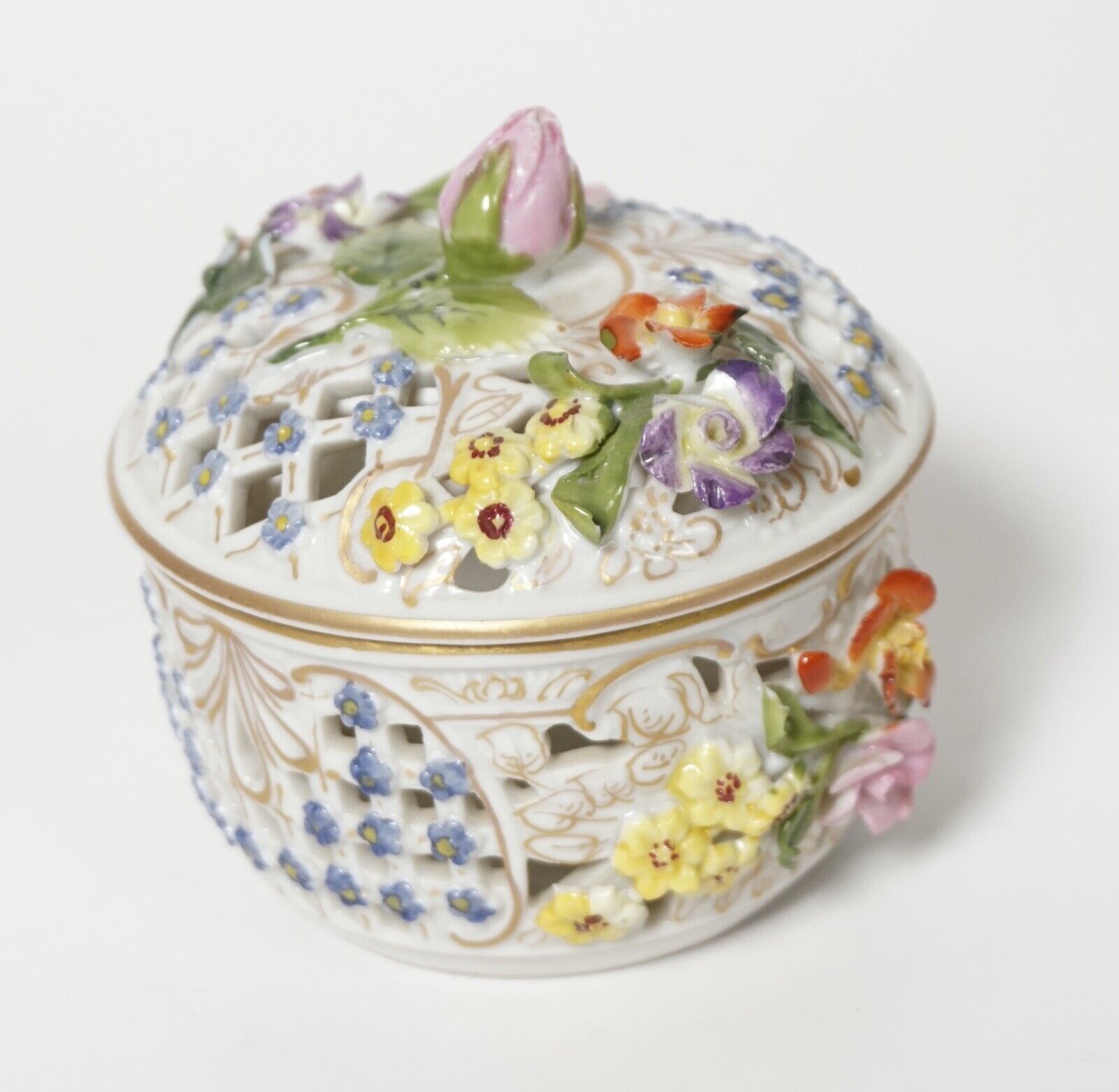 Antique Flower encrusted porcelain Trinket Box openwork reticulated hand painted