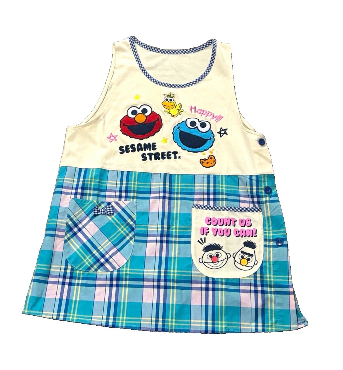 Vintage Sesame Street Tiered Plaid Pocket Apron Elmo Cookie Monster Ernie Bert