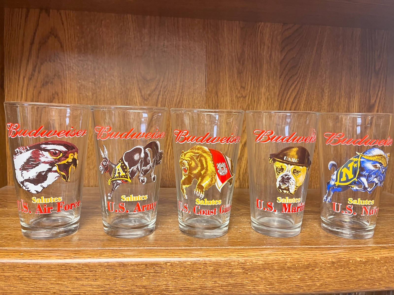 Set of 5 different Budweiser Armed Forces  pint glasses