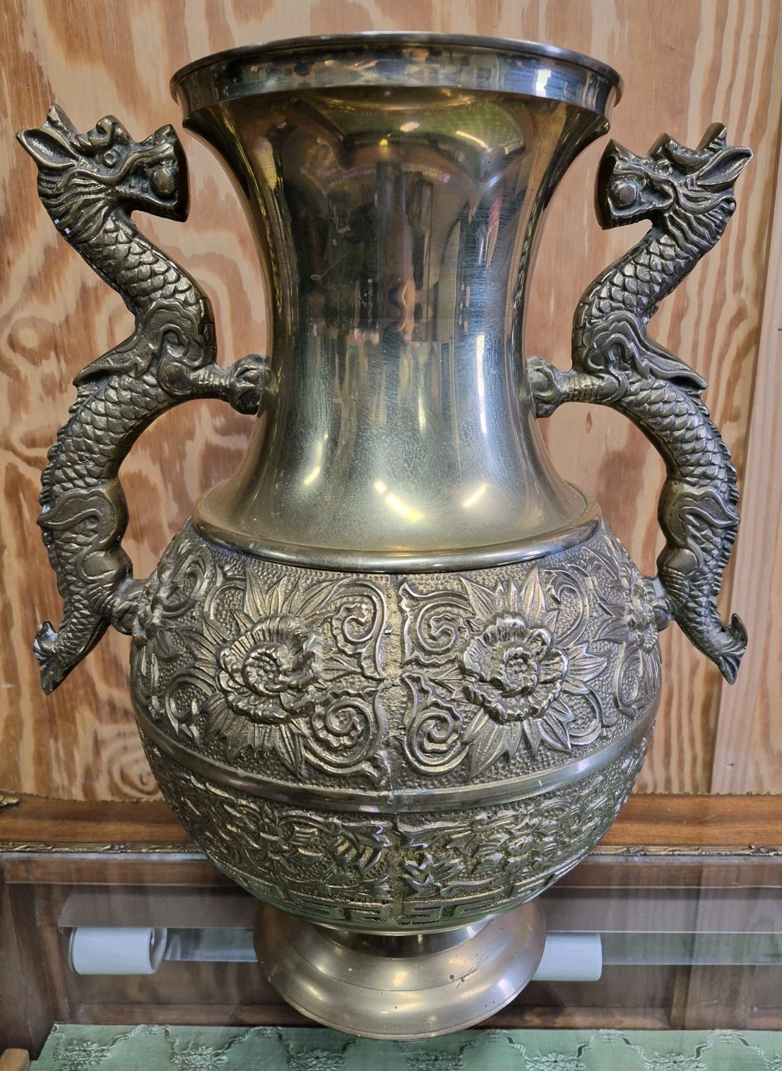 Monumental Vintage ORIENTAL DRAGON VASE Brass High Relief 16.25\
