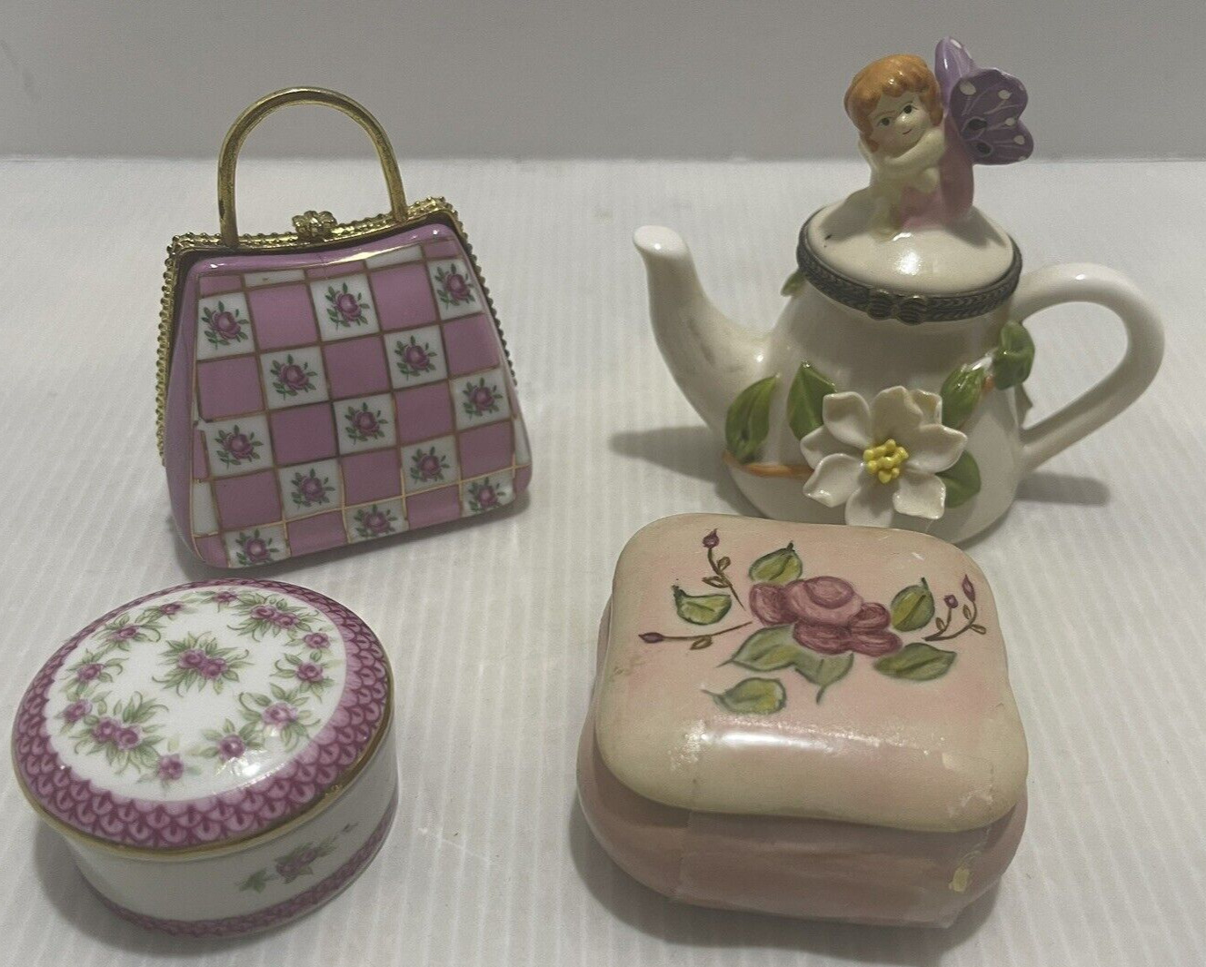 4PC Beautiful Vintage Porcelain Trinket Box Teapot, Purse, Pill, jeweller