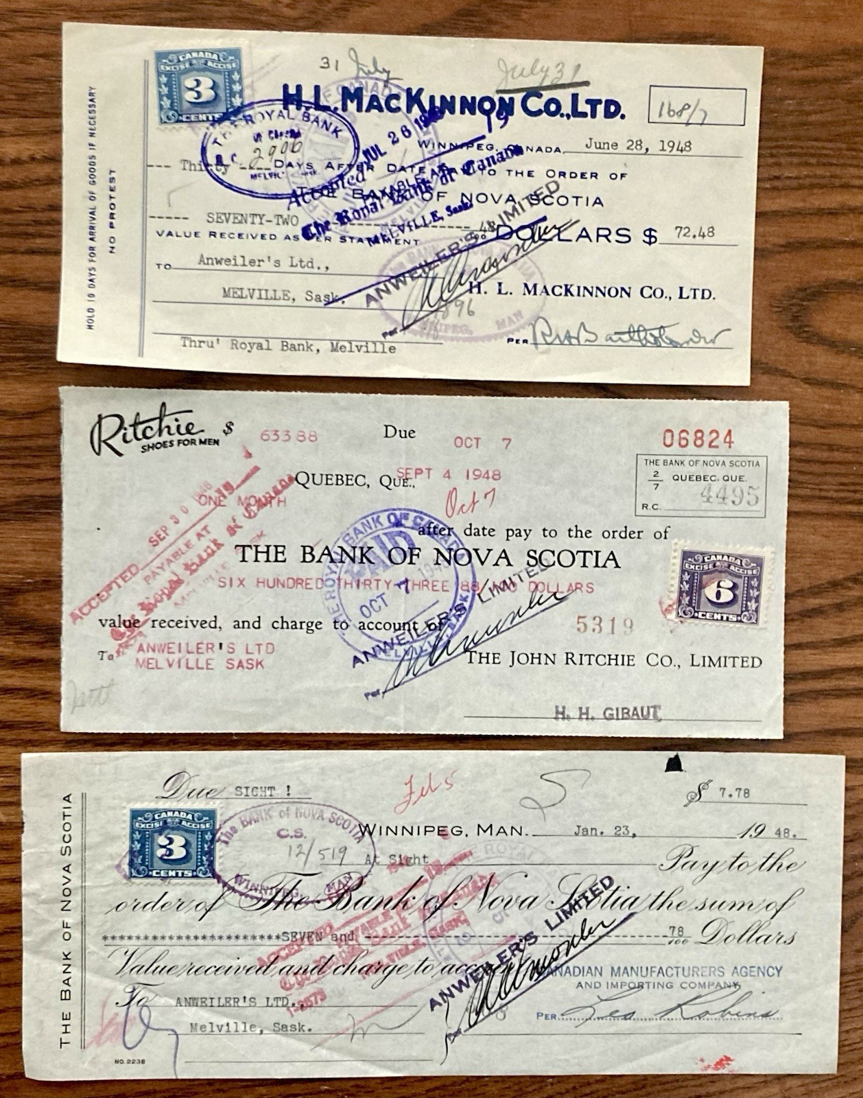 The Bank of Nova Scotia 1948 Bank Checks Lot of 3 With Revenues