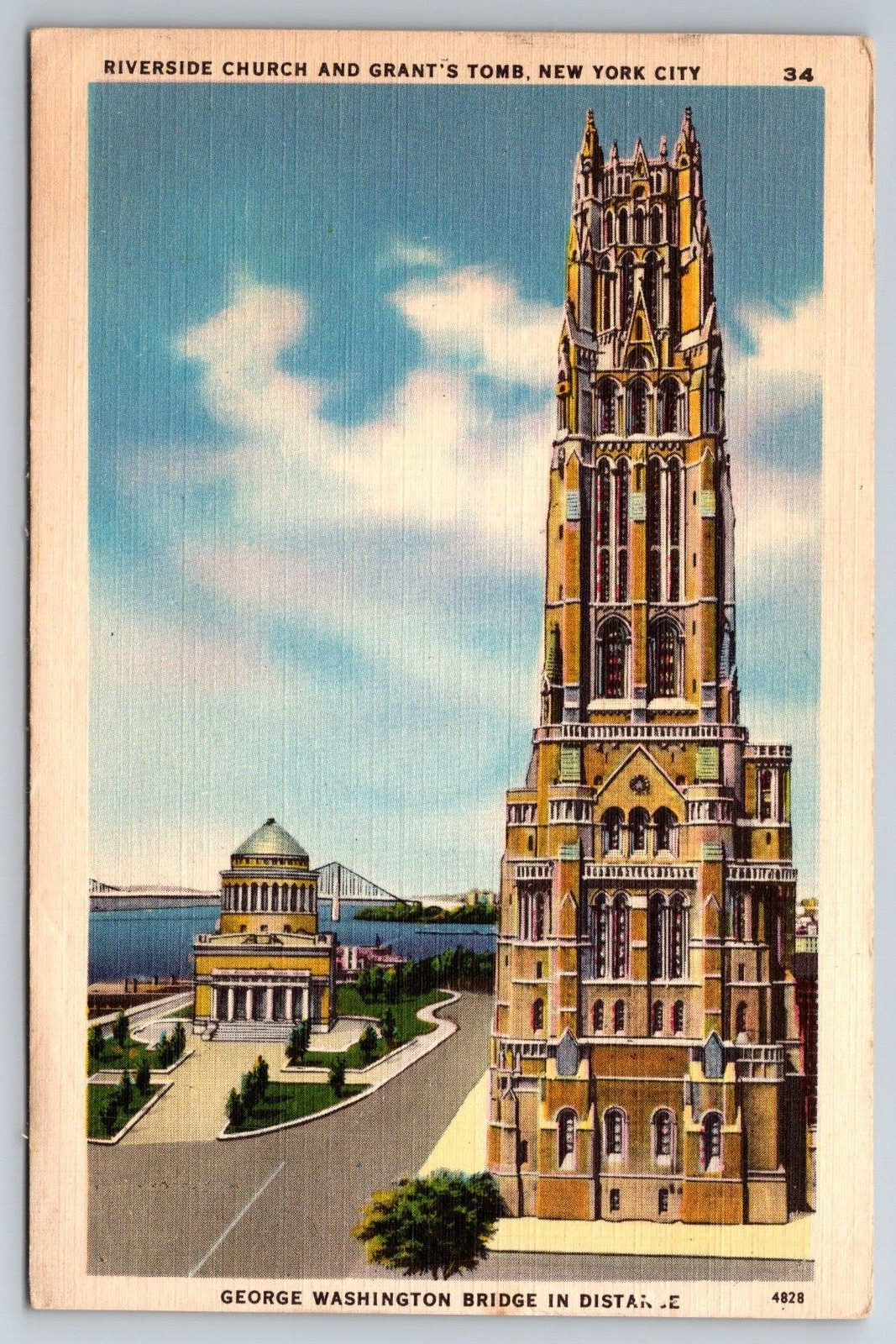 NY, NYC, Riverside Church, Grant's Tomb Linen, Vintage Postcard
