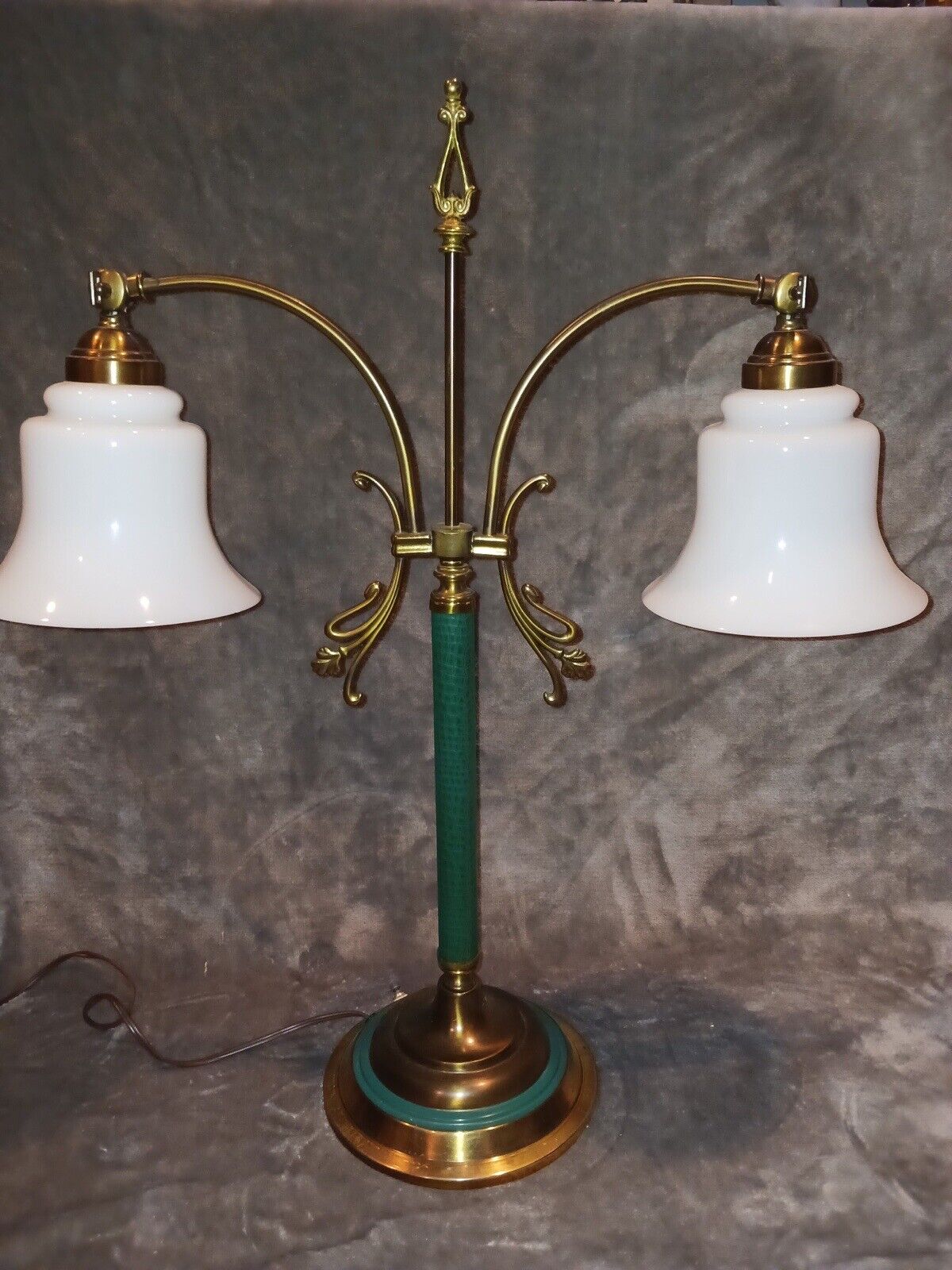 Gorgeous Double Arm Swivel Lamp With Ornate Brass And Faux Alligator Leather