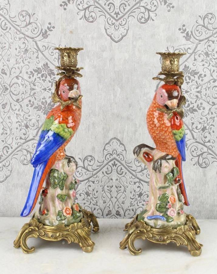 CANDLE HOLDERS BRONZE PAIR PORCELAIN PARROT MOUNTED Candlesticks Birds Decor Art
