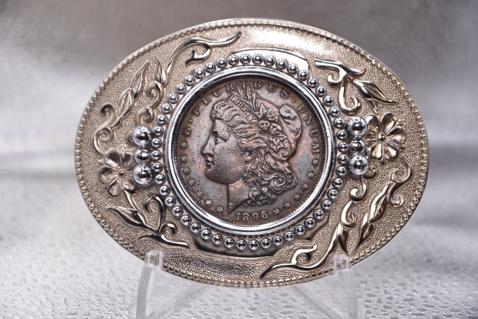 Western Belt Buckle, German Silver with 1896 Morgan Dollar