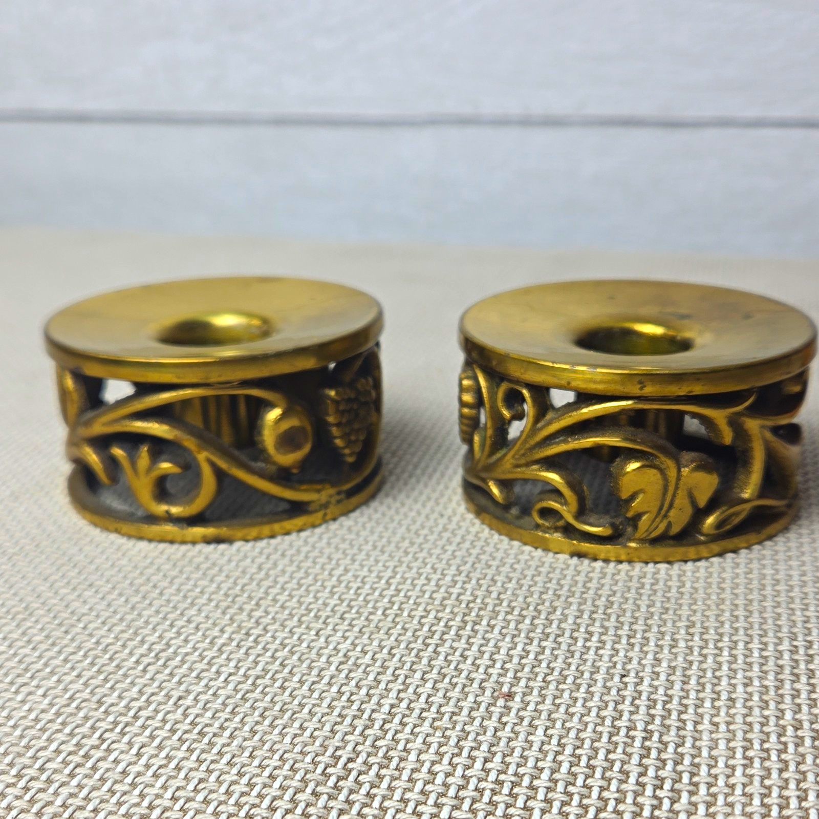 VtG Hollywood Regency Brass Taper Candle Holders Set 2 Low Filigree MCM 2.25