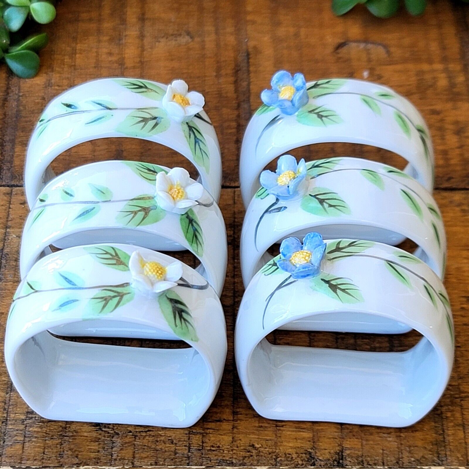 Porcelain Floral 6 Napkin Ring Hand Painted Easter Spring Decor Taiwan Vintage 