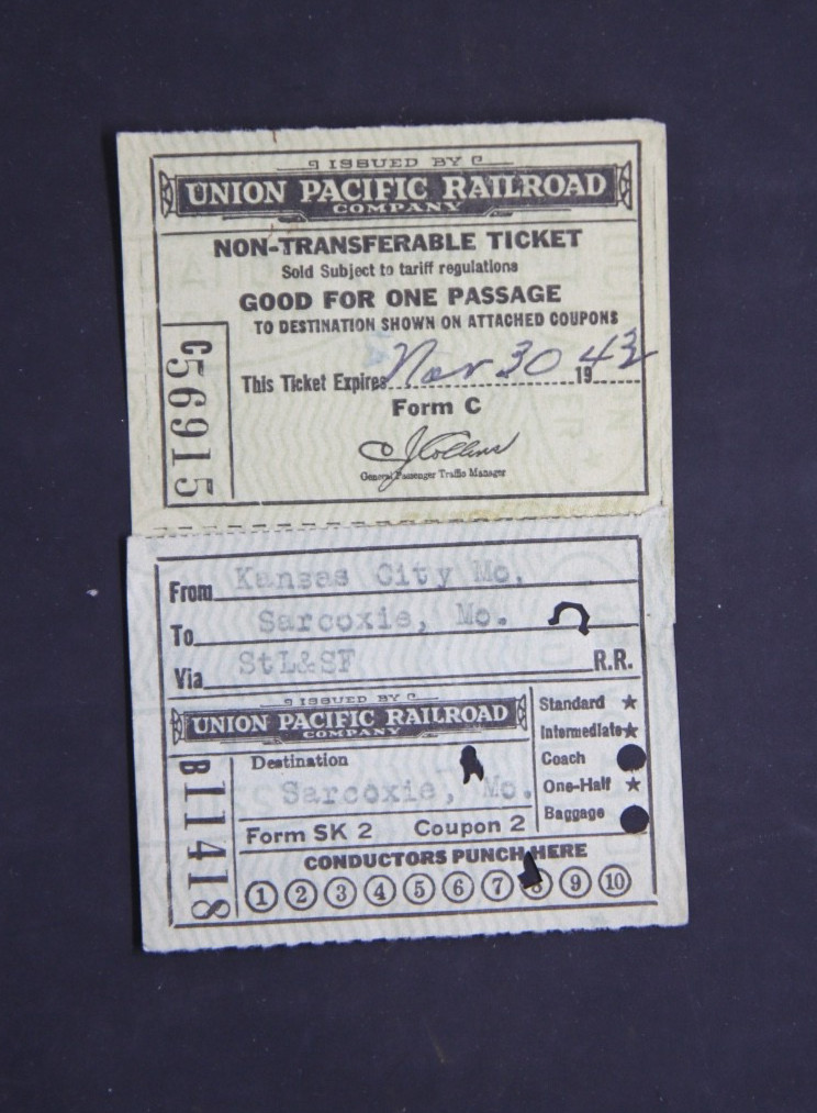 1943 Union Pacific Railroad ticket, Wallace, Idaho to Sarcoxie, Missouri 1943 Union Pacific Railroad ticket, Wallace, Idaho to Sarcoxie, Missouri