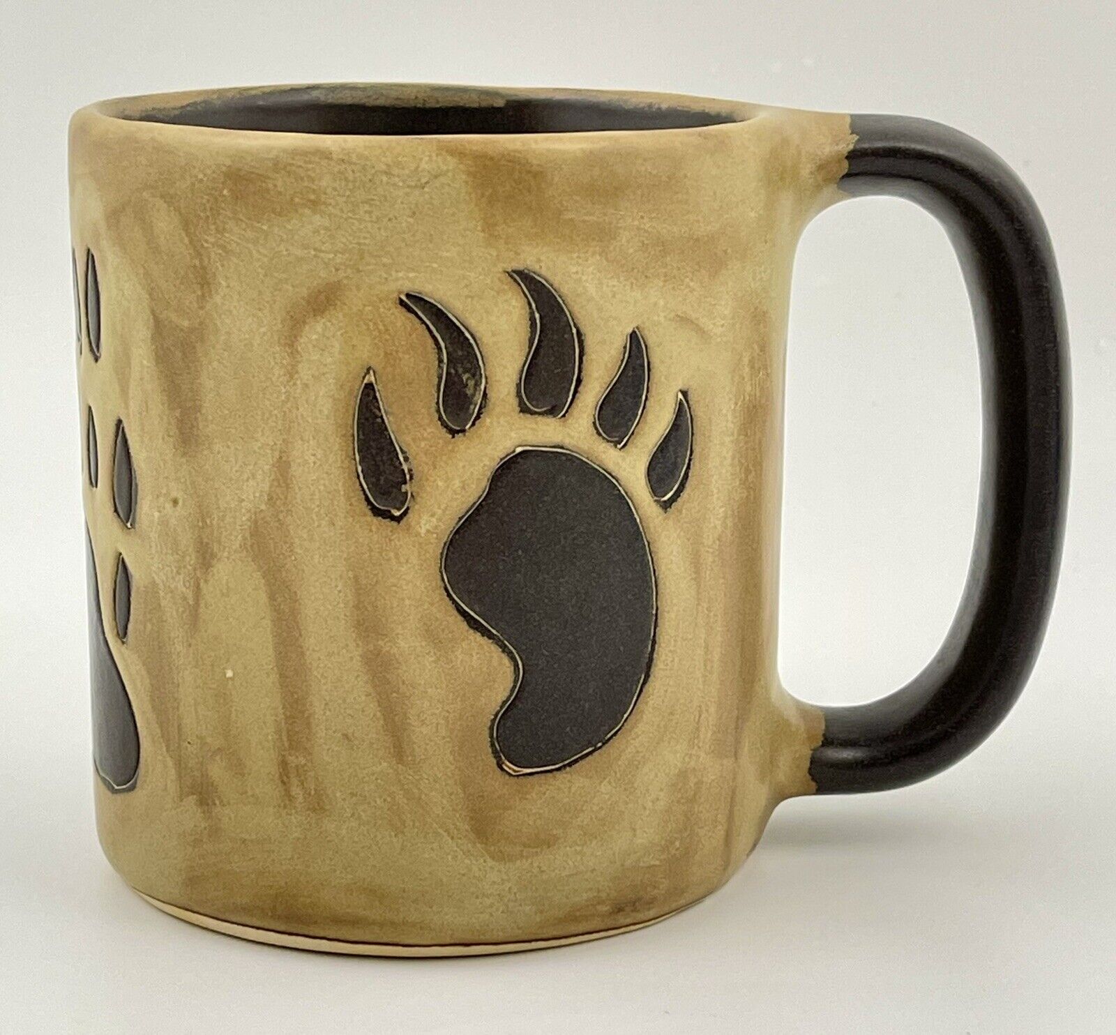 Mara Mexico Stoneware Bear Claw Paw Print Hand Painted Mug Cup 16 oz Tan Brown