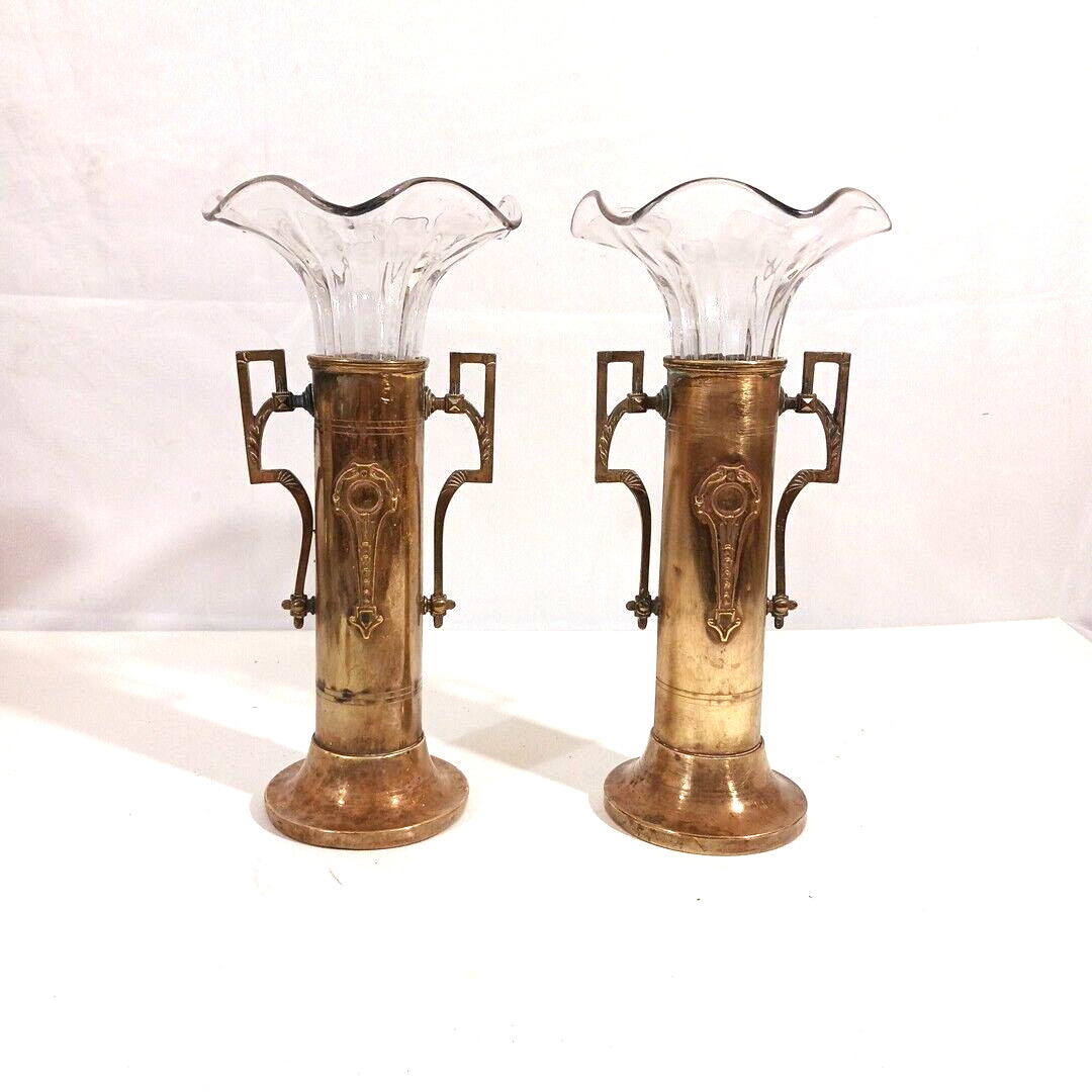 Pair Jugendstil Art Nouveau Trumpet Flower Epergne Vases Brass w/ Glass Inserts