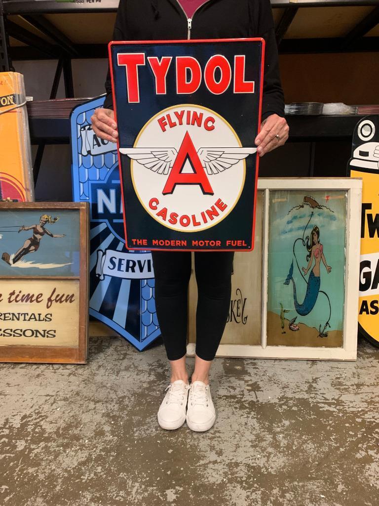 Antique Vintage Old Style Sign Tydol Flying A Gas Oil Made USA