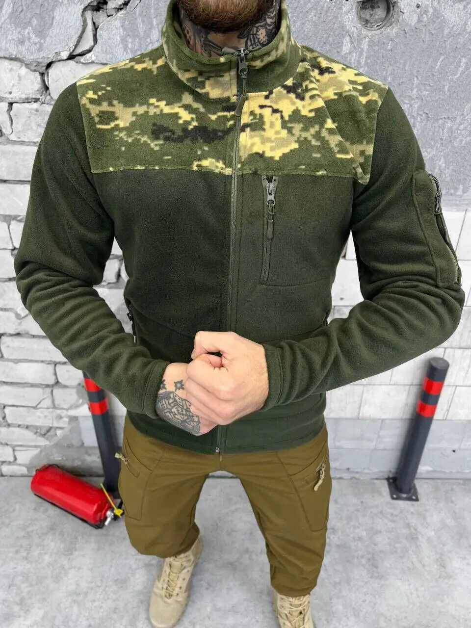Tactical men's fleece jacket olive + pixel with  chevrons, military fleece