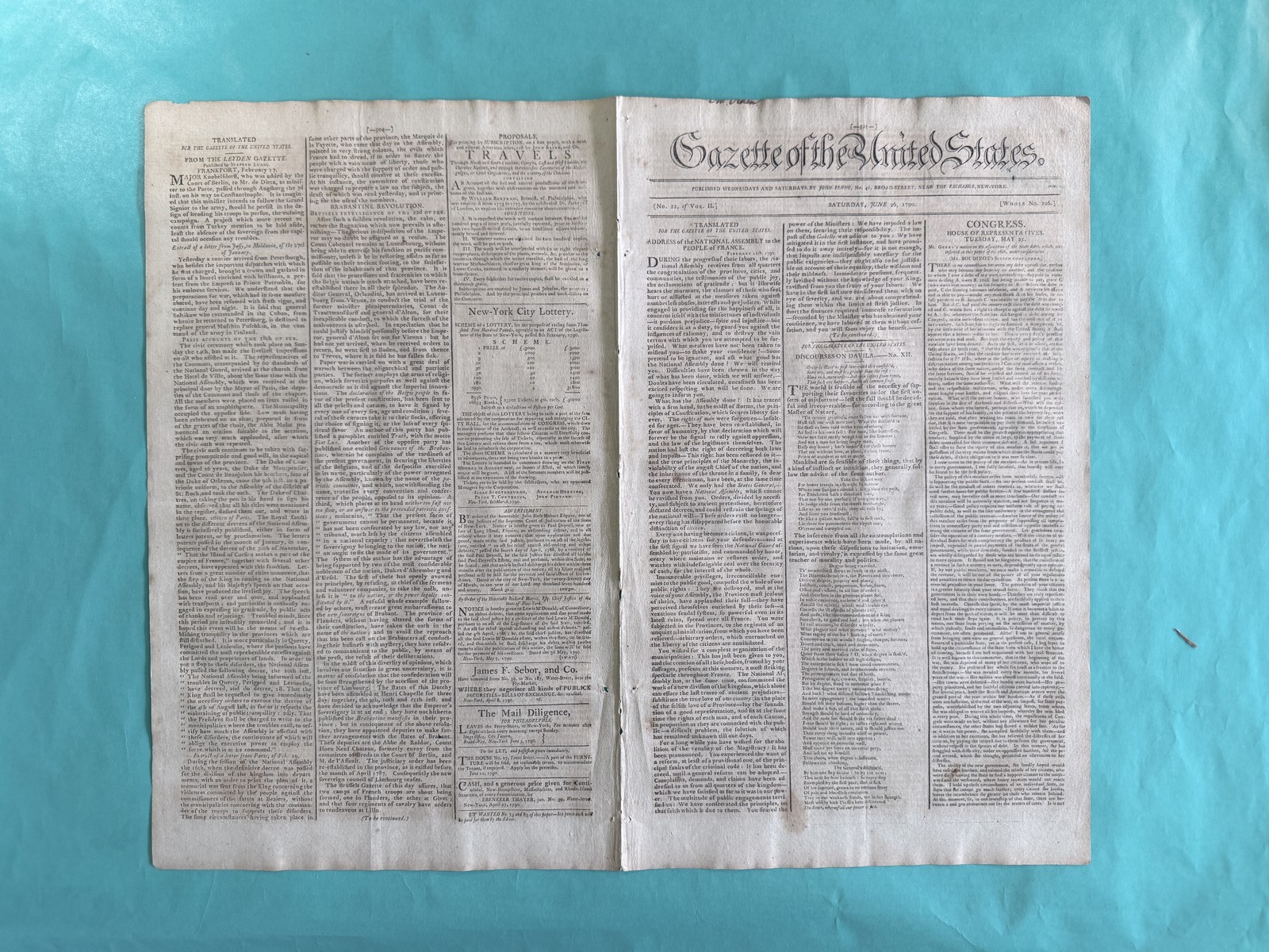 1790 Gazette of the US, June 26 NY, Geo Washington John Adams Davila Jefferson