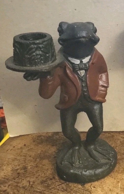 Vintage 7.5” Cast Iron Frog Butler Waiter Tuxedo Red Coat Single Candle Holder Vintage 7.5” Cast Iron Frog Butler Waiter Tuxedo Red Coat Single Candle Holder