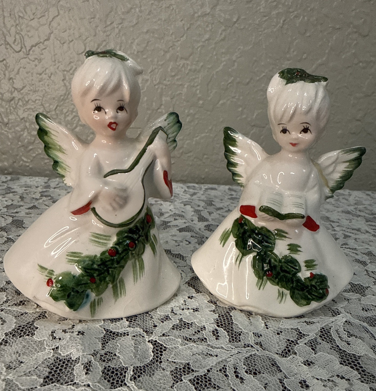 Vintage Lefton December Angel Figurines Hand Painted Porcelain Set/2 **READ** Vintage Lefton December Angel Figurines Hand Painted Porcelain Set/2 **READ**
