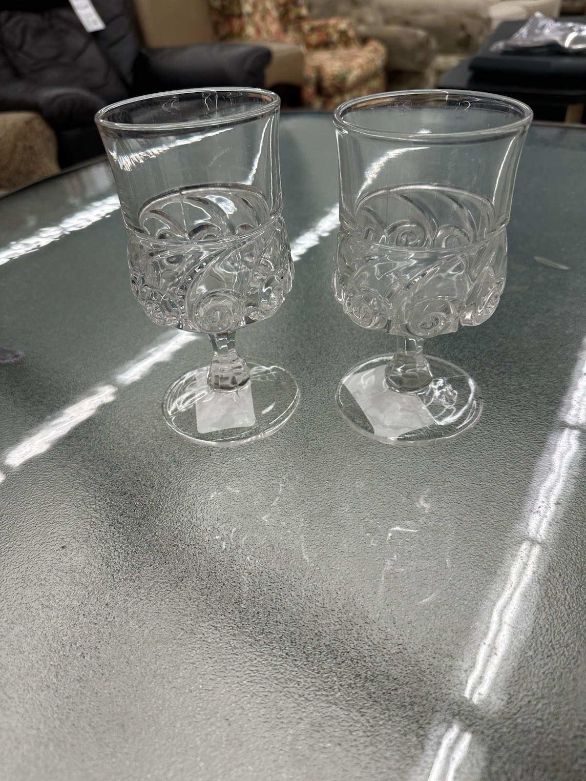 set of 2 Duncan & Miller Snail Pattern Glass Early American water glasses 6-1/2\