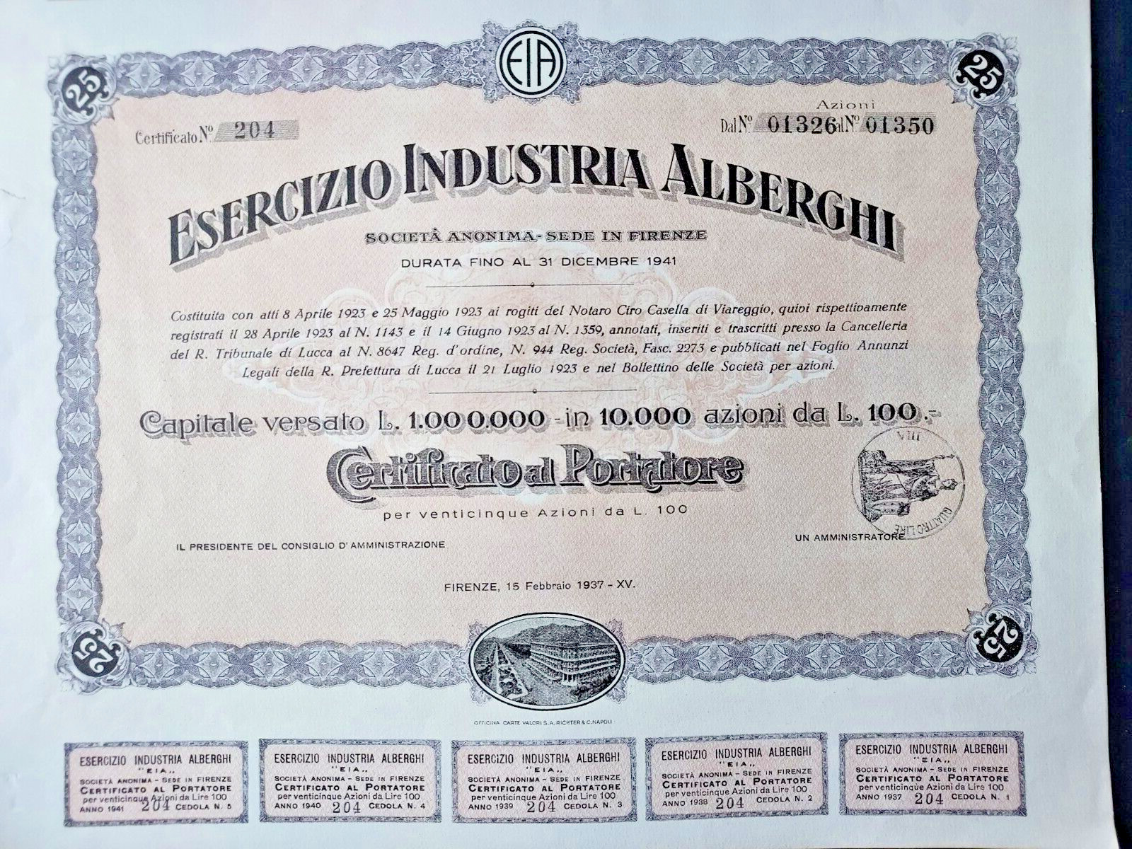 FLORENCE 1937 * HOTEL INDUSTRY EXERCISE 25 SHARES VERY WELL PRESERVED