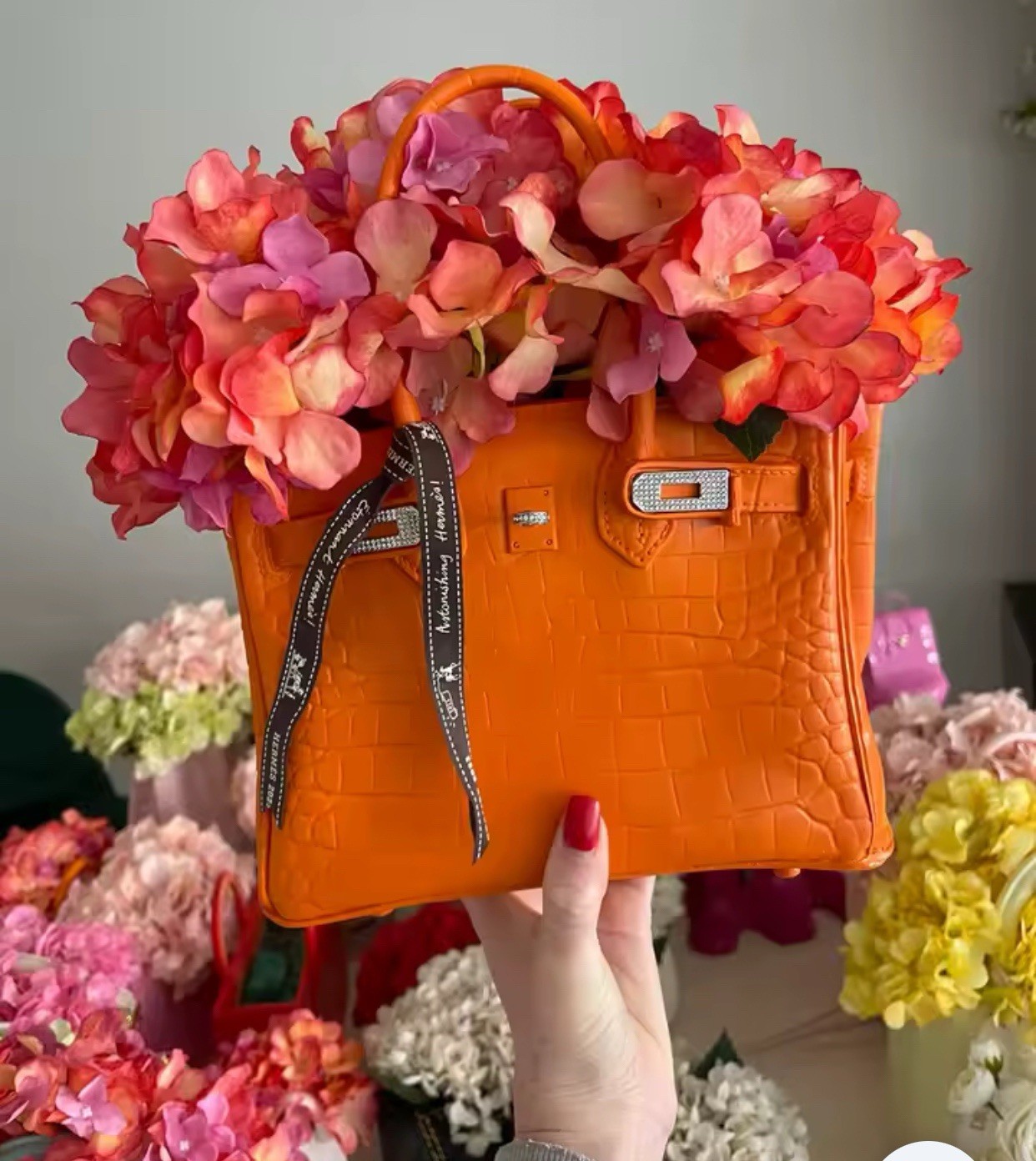 Purse Flower Resin Vase, Rhinestones,