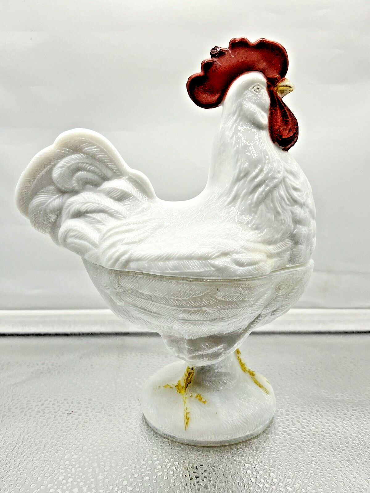 Vintage Hand Painted Pressed  Milk  Glass Rooster Figurine Covered Candy Dish