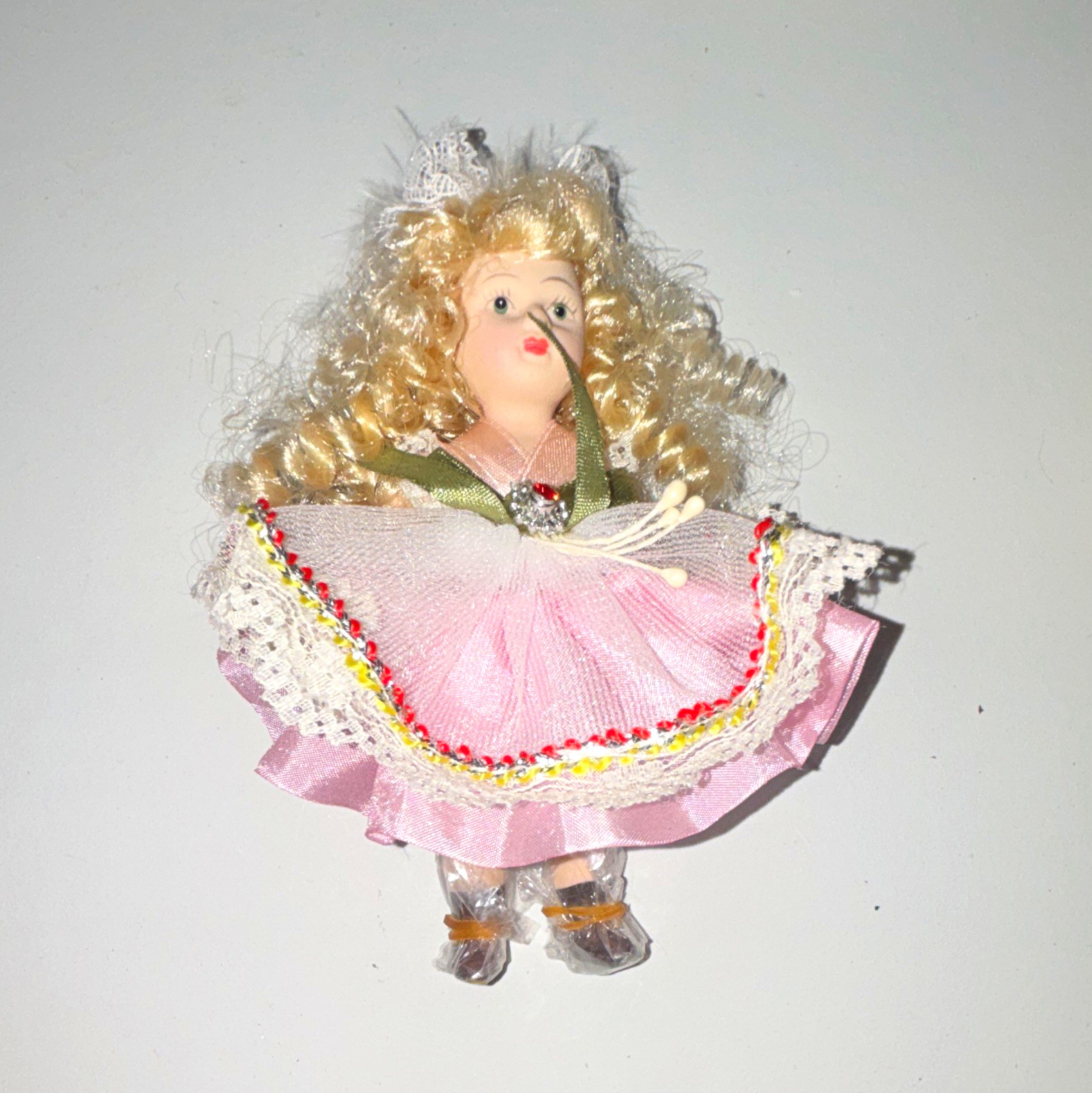 Vintage Miniature Porcelain Doll in Pink Tulle Dress with Lace Trim