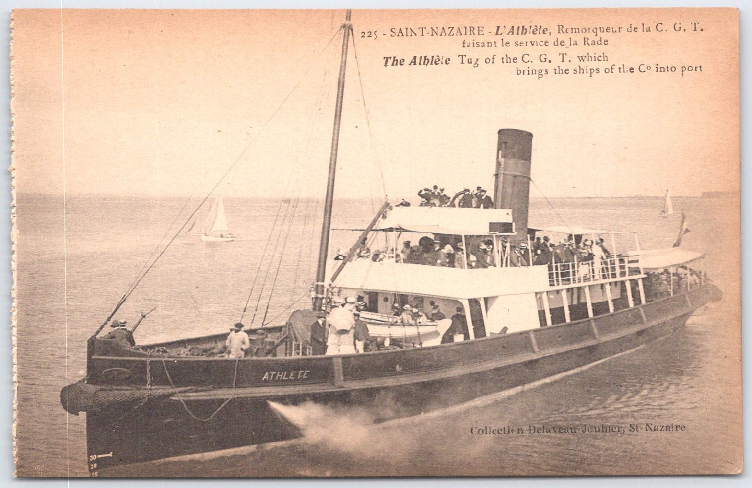 St. Nazaire France Tugboat L\'Athlète C.G.T. Ship Vintage Postcard