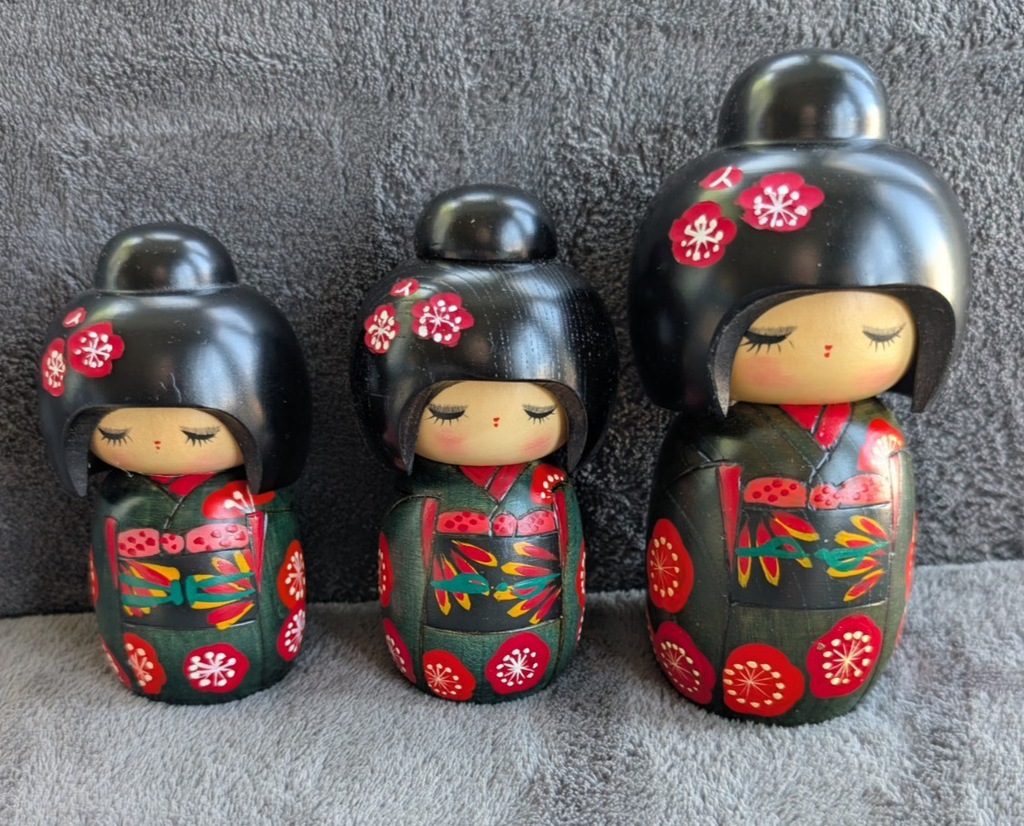 Vtg Set 3 Kokeshi Creative Miyashita Hajime Orig Box Graduating Sizes 5