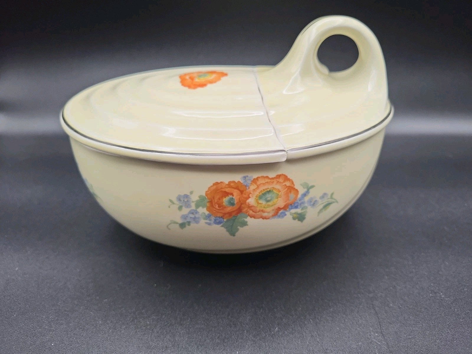 Vintage Hall Pottery Loop Handled  Dish With Lid Orange Poppy Pattern 